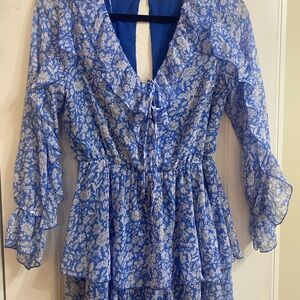 Zara Floral Blue and White Ruffle Romper Dress